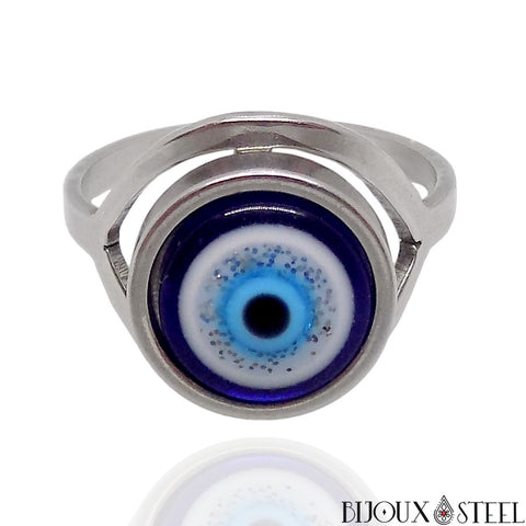 Bague anneau mauvais oeil argentée en acier inoxydable pour femmes