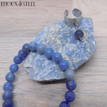 Bague argentée et bracelet en perles d'aventurine bleue 8mm