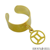 Bague large ajustable dorée et son pendentif signe astrologique gémeaux en acier inoxydable