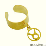 Bague large ajustable dorée et son pendentif signe astrologique taureau en acier inoxydable