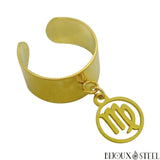 Bague large ajustable dorée et son pendentif signe astrologique vierge en acier inoxydable