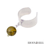Bague large argentée ajustable à pendentif perle d'agate veine de dragon jaune 8mm