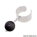 Bague large argentée ajustable à pendentif perle d'obsidienne argentée 10mm