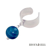 Bague large argentée ajustable à perle unique en agate bleue teintée 10mm et acier inoxydable