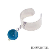 Bague large argentée ajustable à perle d'agate bleue 8mm en pierre naturelle teintée
