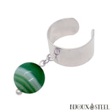 Bague large argentée ajustable à perle d'agate verte 10mm en pierre naturelle et acier inoxydable