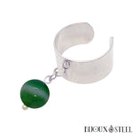 Bague large argentée ajustable à perle d'agate verte 8mm en pierre naturelle teintée