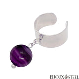 Bague large argentée ajustable à perle d'agate violette 10mm en pierre naturelle teintée et acier inoxydable
