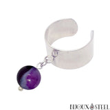 Bague large argentée ajustable à perle d'agate violette 8mm en pierre naturelle teintée