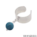 Bague large argentée ajustable à perle d'apatite bleue 8mm en pierre naturelle