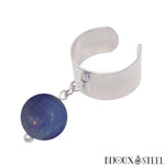Bague large argentée ajustable à perle d'aventurine bleue 10mm en pierre naturelle et acier inoxydable