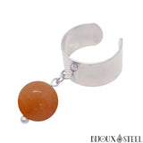 Bague large argentée ajustable à pendentif perle d'aventurine orange 10mm