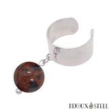 Bague large argentée ajustable à perle d'obsidienne acajou 10mm en pierre naturelle et acier inoxydable