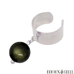 Bague anneau large argentée ajustable à perle d'obsidienne dorée 10mm en pierre naturelle et acier inoxydable