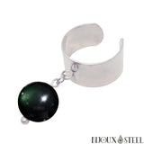 Bague large argentée ajustable à perle d'obsidienne oeil céleste 10mm en pierre naturelle et acier inoxydable