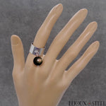 Bague argentée ajustable à pendentif perle d'obsidienne oeil céleste en acier chirurgical