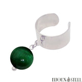 Bague large argentée ajustable à perle d'oeil de tigre vert 10mm en pierre naturelle et acier inoxydable