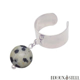 Bague large argentée ajustable à perle de jaspe dalmatien 10mm en pierre naturelle et acier inoxydable