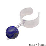 Bague large argentée ajustable à perle de lapis lazuli 10mm en acier inoxydable