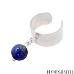 Bague large argentée ajustable à perle de lapis lazuli 8mm
