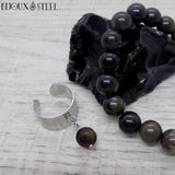 Bague large argentée réglable à pendentif perle d'obsidienne dorée en pierre naturelle