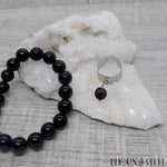Bague large argentée réglable à pendentif perle d'onyx noir en pierre naturelle