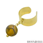Bague large dorée ajustable à perle d'agate veine de dragon jaune 10mm en acier inoxydable et pierre naturelle