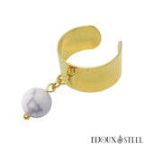 Bague large dorée ajustable à pendentif perle d'howlite 8mm en pierre naturelle
