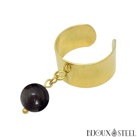 Bague large dorée ajustable à pendentif perle d'obsidienne argentée 8mm