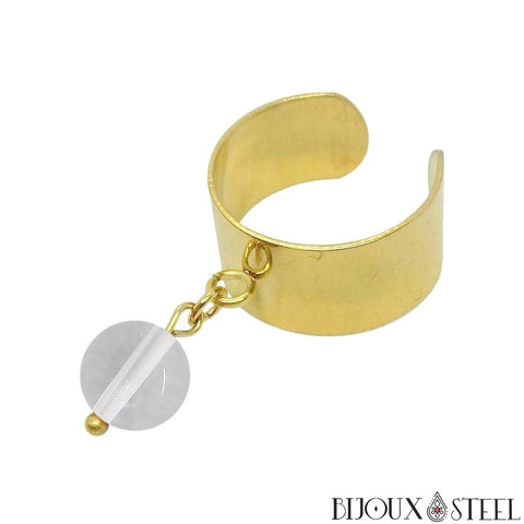 Bague large dorée ajustable à pendentif perle de cristal de roche 8mm pierre naturelle