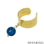 Bague large dorée ajustable à perle d'agate bleue teintée 8mm en pierre naturelle