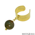 Bague large dorée ajustable à perle d'agate indienne 10mm pierre naturelle et acier inoxydable