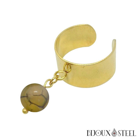 Bague large dorée ajustable à perle d'agate veine de dragon jaune 8mm en pierre naturelle