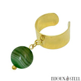 Bague large dorée ajustable à perle d'agate verte teintée 10mm en pierre naturelle et acier inoxydable