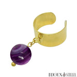 Bague large dorée ajustable à perle d'agate violette teintée 10mm en pierre naturelle et acier inoxydable