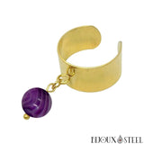 Bague large dorée ajustable à perle d'agate violette teintée 8mm en pierre naturelle
