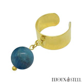 Bague large dorée ajustable à perle d'apatite bleue 10mm en pierre naturelle et acier inoxydable