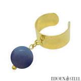 Bague large dorée ajustable à perle d'aventurine bleue 10mm en pierre naturelle et acier inoxydable