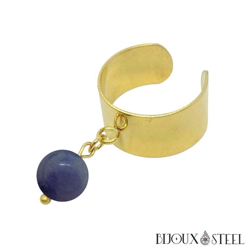 Bague large dorée réglable à perle d'aventurine bleue 8mm pierre naturelle