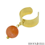 Bague large dorée réglable à perle d'aventurine orange 10mm