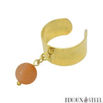 Bague dorée ajustable à perle d'aventurine orange 8mm en pierre naturelle et acier