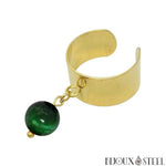 Bague large dorée ajustable à perle d'oeil de tigre vert teinté 8mm en pierre naturelle