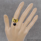 Bague large dorée ajustable à pendentif perle d'obsidienne argentée en acier chirurgical
