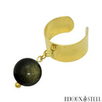 Bague large dorée ajustable à perle d'obsidienne dorée 10mm en pierre naturelle et acier inoxydable