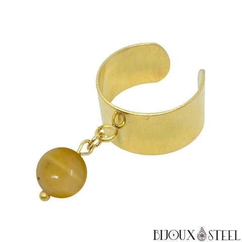Bague large dorée ajustable à perle d'oeil de tigre caramel 8mm en acier et pierre naturelle