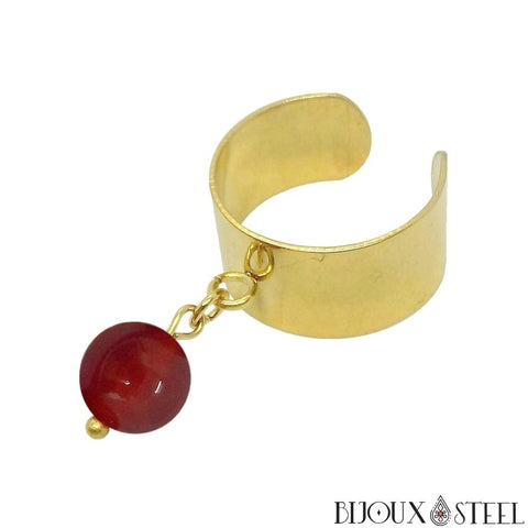 Bague large dorée ajustable à perle de cornaline 8mm en pierre naturelle