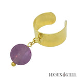 Bague large dorée ajustable à perle de fluorine violette 10mm en pierre naturelle et acier inoxydable