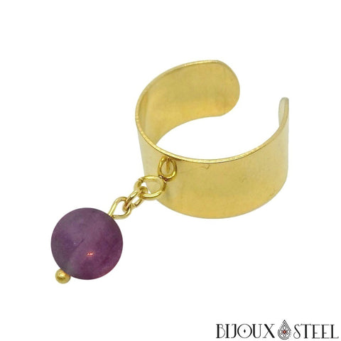 Bague large dorée ajustable à perle de fluorite violette 8mm en acier inoxydable et pierre naturelle