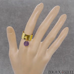 Bague large dorée réglable à pendentif perle de fluorite violette en acier inoxydable