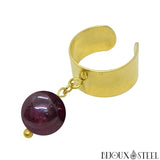 Bague anneau large dorée à perle de grenat 10mm en pierre naturelle et acier inoxydable
